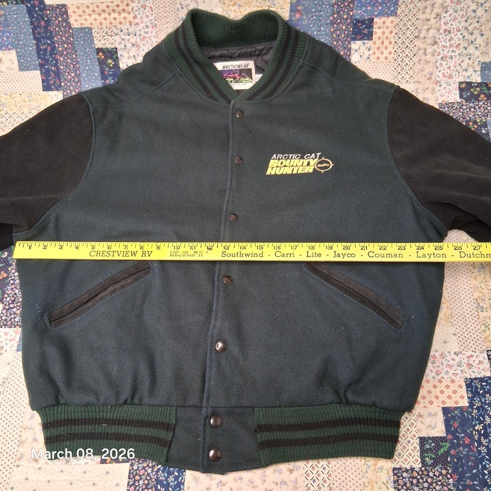 Vintage Arctic Cat Bounty Hunter Wool Leather Varsity Style Jacket SZ XLT Green - Picture 5 of 12
